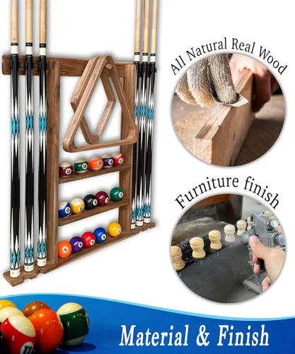 Vista 5 de Soporte de pared para tacos de billar de madera maciza para 6 tacos con almacenamiento completo de bola, 4 soportes para tacos, estantes de bolas