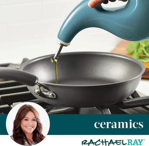 Vista 6 de Rachael Ray 48467 Botella dispensadora de aceite y vinagre de cerámica EVOO con boquilla, 24 onzas - Azul agave