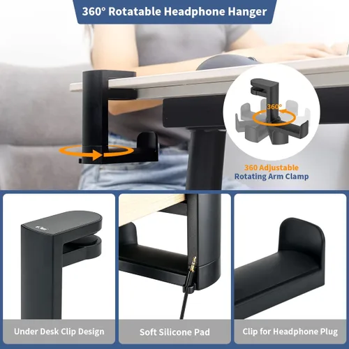Vista 4 de KIWIFOTOS Soporte para auriculares para juegos de PC para debajo del escritorio, soporte para auriculares + soporte para auriculares con soporte