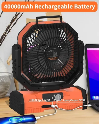 Vista 9 de ADUST Ventilador de campamento de 12 pulgadas, funciona con pilas, con linterna LED, ventilador oscilante portátil recargable de 44000 mAh