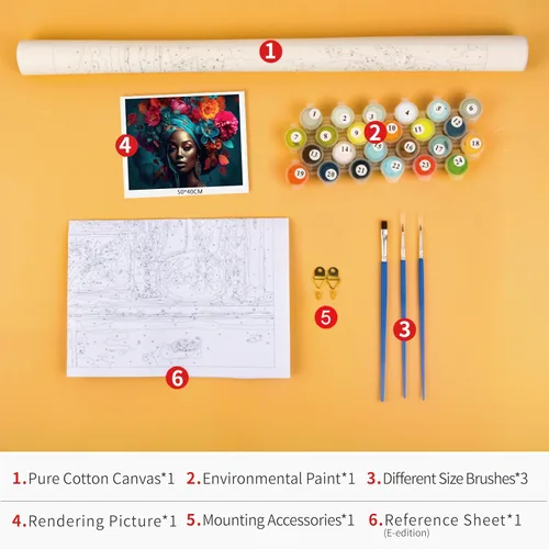 Vista 4 de Kit de pintura por números para adultos, niños, mujeres negras en pintura floral por números, diadema con flores, kits de pintura al óleo