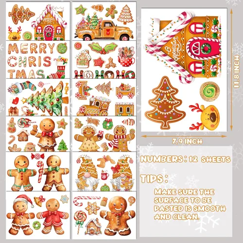 Vista 2 de Calcomanías de pared de pan de jengibre de Navidad, 12 hojas, calcomanías de pared de Navidad, decoración de pan de jengibre, calcomanías de vinilo