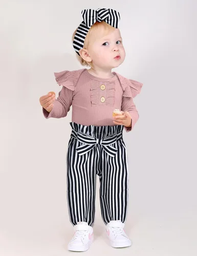 Vista 2 de KANGKANG Ropa de bebé recién nacida, mameluco acanalado con mangas con volantes + pantalones florales + diadema lindo traje de bebé niña 3 piezas