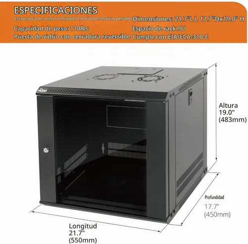 Vista 2 de Tecmojo 9U Gabinete de servidor de montaje en pared IT Rack de red con puerta y paneles laterales con cerradura, puerta de vidrio, ventilador