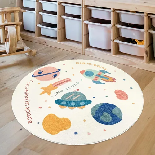 Vista 4 de ABREEZE Tapete redondo de juego para niños, de 4 pies, de lana sintética, esponjoso, tapete para puerta de guardería, tapete de felpa suave