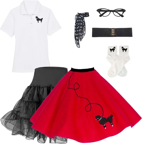 Vista 3 de Hip Hop 50's Shop Falda de caniche de los años 50, enagua y polo con accesorios, conjunto de disfraz de 7 piezas para adultos