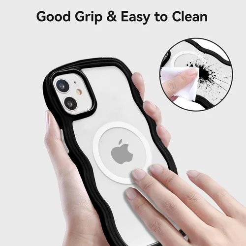 Vista 4 de QLTYPRI Funda magnética para iPhone 11 compatible con Magsafe, bonita funda transparente con marco de onda rizada para niñas y mujeres, parachoques