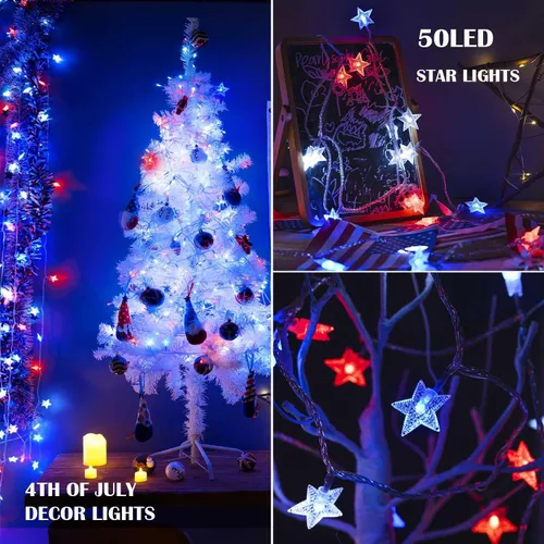 Vista 3 de Luces decorativas del 4 de julio, color rojo, blanco y azul, funciona con pilas, 50 LED, cadena patriótica de estrellas de 20 pies, 8 modos