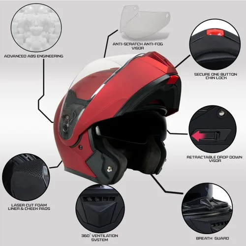 Vista 2 de Milwaukee Helmets MPH9827DOT Cypher - Casco modular de motocicleta avanzado rojo plano con visera abatible, pequeño