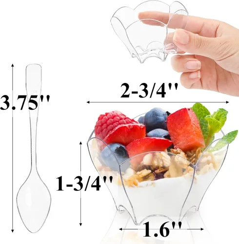 Vista 2 de Tebery Paquete de 100 mini tazas de postre Parfaits con 100 cucharas, cuenco pequeño transparente de 2.5 onzas para probar postres de fiesta