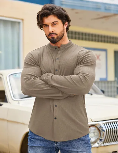 Vista 2 de COOFANDY Camisa de vestir elástica de manga larga con botones de punto acanalado para hombre