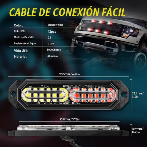 Vista 8 de Luces estroboscópicas LED para camiones, color blanco y rojo, 23 modos intermitentes, 12 LED, luz de parrilla de montaje en superficie de emergencia