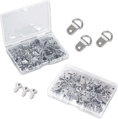 Vista 3 de Juego de 50 ganchos de anillos en D, resistentes y pequeños anillos en D con 50 tornillos chapados en níquel, marco de fotos, kit de alambre
