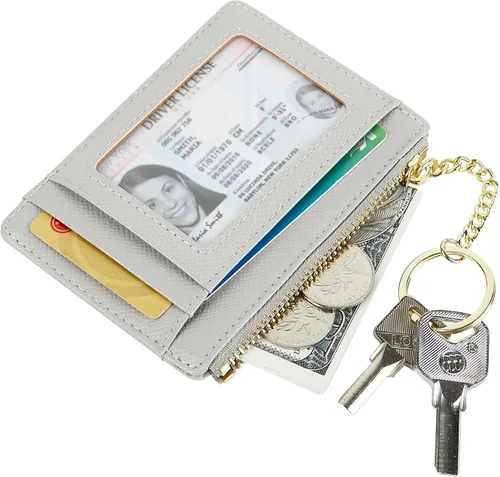 Vista 38 de Tarjetero delgado minimalista para mujer, monedero, monedero, llavero con bolsillo frontal con ventana de identificación