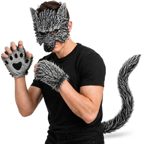 Vista 8 de D-Fokes Juego de disfraz de lobo de 4 piezas, accesorios de disfraz