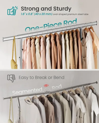 Vista 3 de SONGMICS Perchero de Ropa, Perchero de Ropa Rodante de Servicio Pesado con Ruedas, Barra Colgante Extensible y Altura Ajustable, Portátil, con Plata