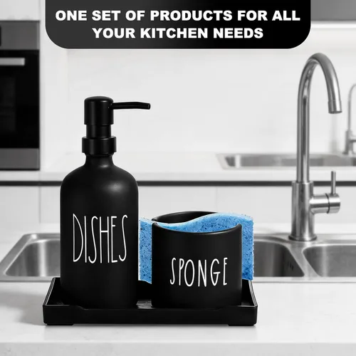 Vista 6 de Dispensador de jabón para platos para cocina, dispensador de jabón de platos de vidrio con soporte para esponja, juego de dispensador negro