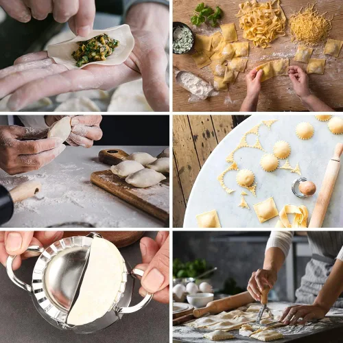 Vista 6 de Juego de ruedas de corte de raviolis de 5 piezas, fabricantes de raviolis con rodillo, juego de cortador de sellos de raviolis con mango de madera