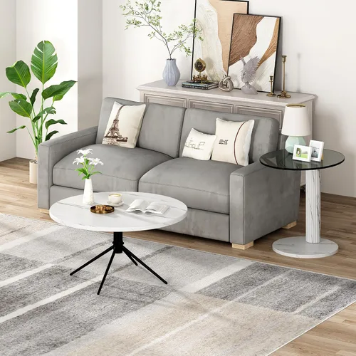 Vista 5 de Hooseng Juego de 2 mesas de café redondas, parte superior de mármol sintético y moderna tapa de vidrio transparente templado, perfectas para sala