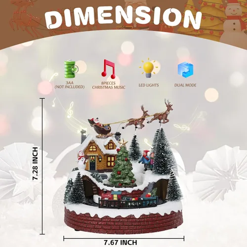 Vista 3 de Vipush Decoraciones de Casa de Pueblo Navideño de Resina Juego de Tren con Papá Noel Volador Decoración del Hogar Interior Figuras de Edificios Tren
