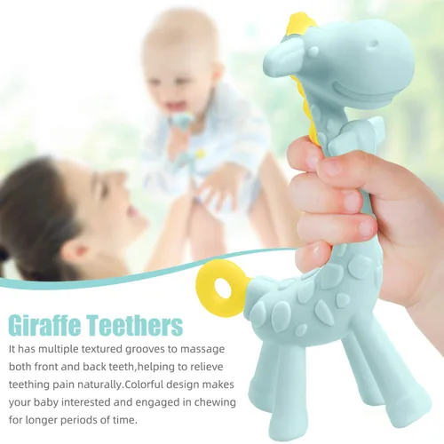 Vista 6 de SHARE&CARE Juguete mordedor de silicona sin BPA con estuche de almacenamiento, para niños mayores de 3 meses, alivio del dolor de encías y baby Azul