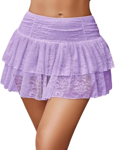 Vista 13 de Avidlove - Minifalda con capas de encaje Y2K para mujer, de cintura alta, con volantes, Skort, conjuntos bohemios, microfaldas Blanco