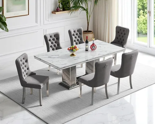 Vista 16 de Juego de 4 mesas de comedor blancas y doradas, mesa de cocina rectangular de 68 pulgadas con parte superior de mármol sintético blanco, mesa de Mesa