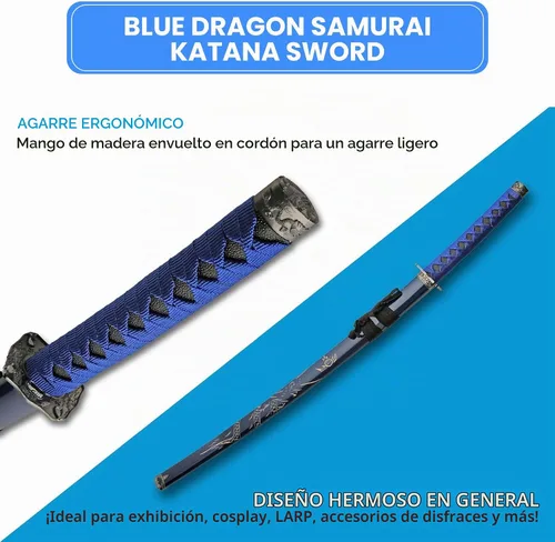 Vista 4 de SZCO Espada Katana Samurai de dragón azul de 40 pulgadas, hoja de acero al carbono con vaina de madera, mango envuelto en cordón, espada ninja