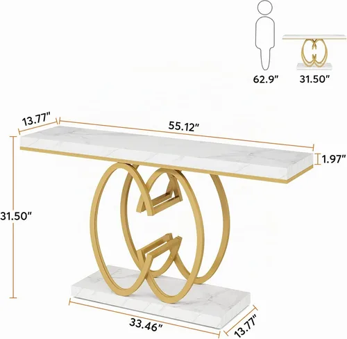 Vista 2 de Tribesigns Mesa Consola de 55 Pulgadas para Pasillo, Mesa de Entrada de Mármol Sintético Dorado con Base de Metal Geométrico, Mesa de Acento Moderna