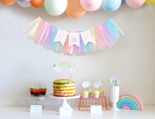 Vista 5 de Cartel para silla alta de arcoíris pastel, cartel de tul y cinta para silla de bebé de primer cumpleaños, decoraciones de arcoíris