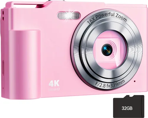 Vista 12 de Cámara digital, cámara digital FHD para apuntar y disparar con zoom de 16X, antivibraciones, cámara pequeña compacta de 48 MP con tarjeta de 32 GB