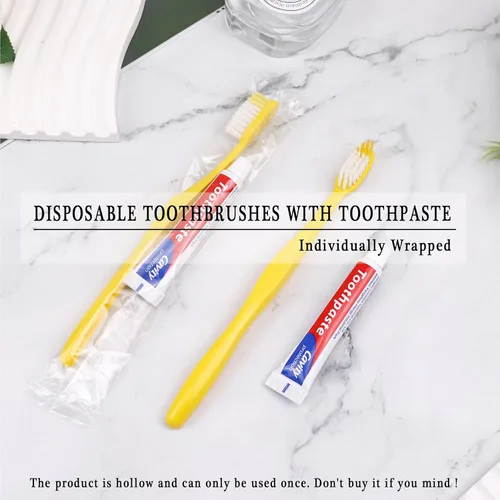 Vista 5 de Cepillos de dientes desechables con pasta de dientes, amarillo hueco, paquete de 20 Toothbrush with 10g Toothpaste Individually Wrapped Disposable