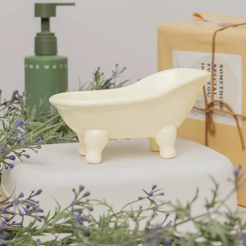 Vista 3 de 5.6" Jabonera de cerámica mini para bañera con decoración de garras para baño (Crème)