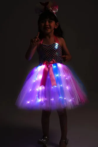 Vista 2 de Dormstop Disfraz de sirena para niñas vestido de princesa de sirena con luz LED disfraz de cumpleaños para Halloween con diadema