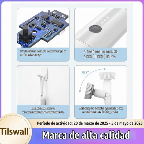 Vista 6 de Tilswall Limpiador eléctrico inalámbrico giratorio – Cepillo de limpieza impermeable IPX7 con 180 minutos de funcionamiento y mango extensible de 43