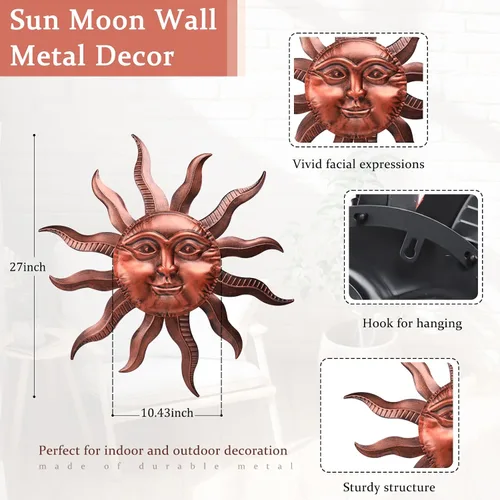 Vista 3 de VCUTEKA Arte de pared de metal con sol de 27 pulgadas, decoración para exteriores, decoración de pared de luna, escultura de pared de metal