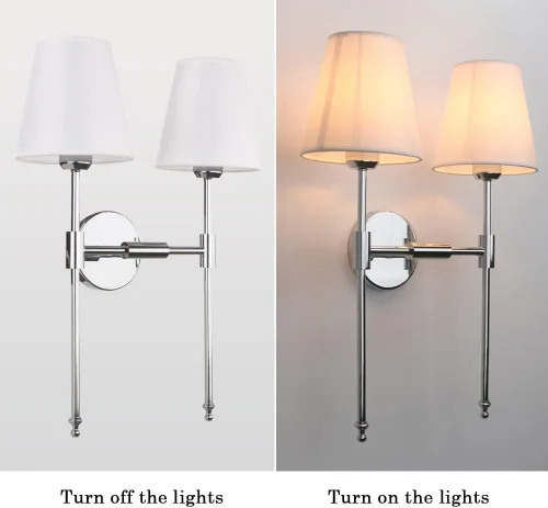 Vista 6 de PERMO Lámpara de pared doble clásica cromada 2 luces con pantalla de tela blanca acampanada para montaje en pared rústico