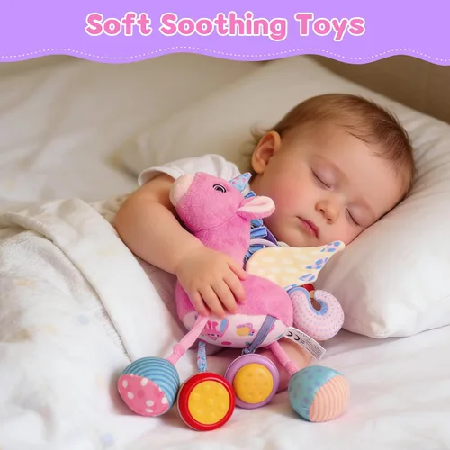 Vista 6 de Asiento de coche y cochecito de juguete para niña, peluche sensorial musical con sonajero y espejo, juguetes para bebés de 0 a 12 meses, juguetes