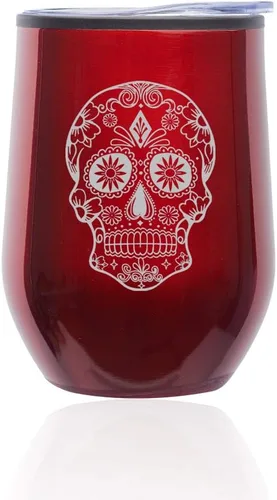 Vista 3 de Vaso de vino sin tallo, taza de viaje de café con tapa, calavera de caramelo de azúcar (oro rosa)
