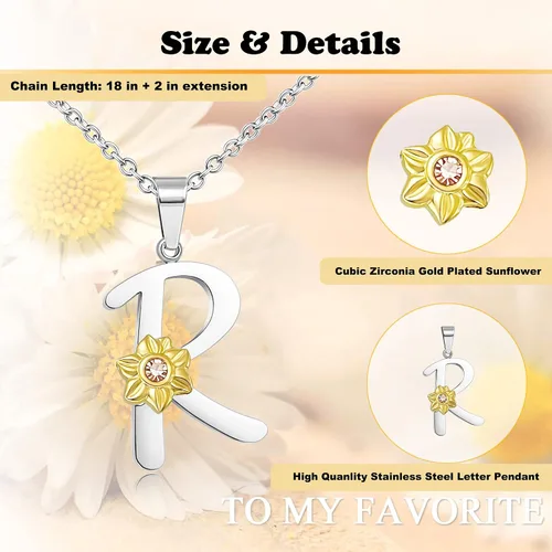 Vista 6 de POWER WING Collar con inicial con alfabeto de girasol dorado y letras plateadas para mujer