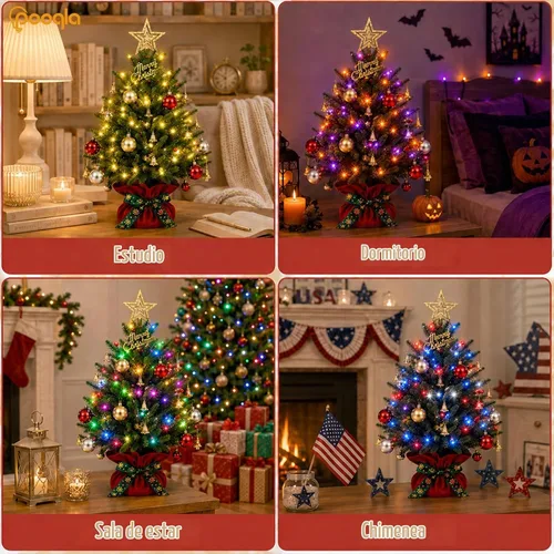 Vista 6 de Pooqla Mini árbol de Navidad iluminado RGB, árbol de Navidad LED de mesa que cambia de color con control remoto, 28 colores, 80 luces LED, árbol