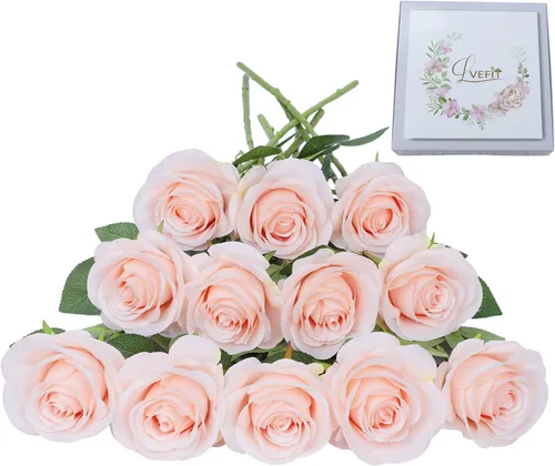 Vista 32 de LVEFIT - 12 rosas artificiales de otoño para decoración de otoño Beige