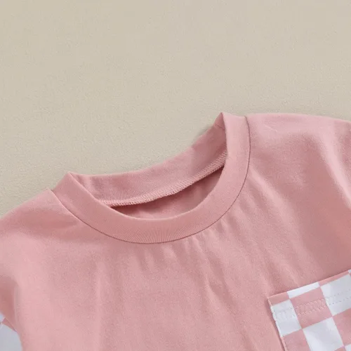 Vista 5 de FOCUSNORM Conjunto de camiseta de manga corta para niña pequeña, camiseta de manga corta, pantalones cortos de ajedrez, ropa de verano para niña