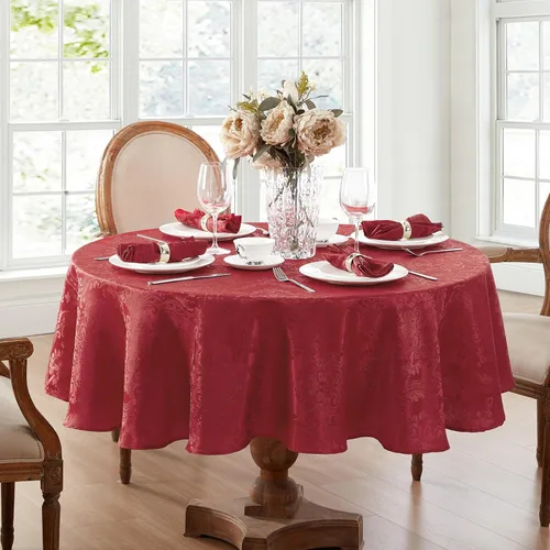 Vista 2 de Elrene Home Fashions Caiden Elegance - Mantel de tela damasco impermeable, resistente a las manchas y a las arrugas, 70 pulgadas, redondo, color rojo