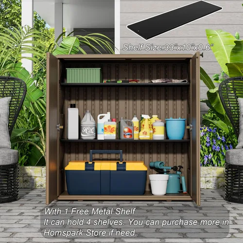 Vista 5 de HOMSPARK Armario de almacenamiento para interiores y exteriores con puertas y estante, caja de almacenamiento de plástico HDPE de 34 x 16 x 36 Marrón