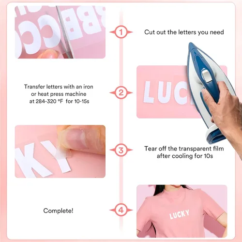 Vista 6 de 10 hojas 1660 piezas letras y números termoadhesivos para ropa, letras de vinilo termoadhesivas blancas de 1 pulgada con letras de transferencia
