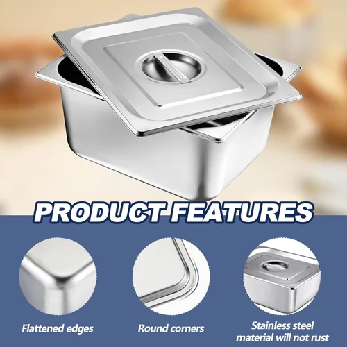 Vista 3 de Mifoci Paquete de 2 sartenes de vapor de acero inoxidable con tapa, 1/2 de tamaño x 4 pulgadas de profundidad, suministros de restaurante
