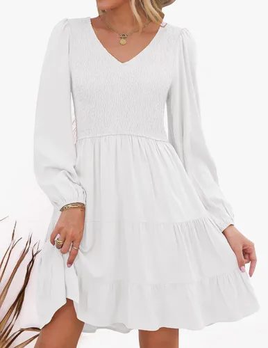 Vista 4 de ZESICA Minivestido casual con cuello en V y manga larga fruncida y cintura alta fruncida con volantes en línea A