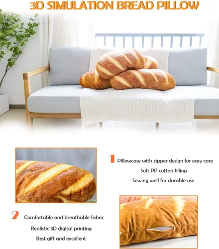 Vista 4 de Wepop - Almohada de 24 pulgadas en forma de hogaza de pan 3D, cojín lumbar suave con forma de baguette, juguete de peluche relleno gracioso