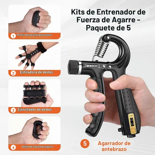 Vista 2 de Grip Strength Trainer Kit (5 Pack) Adjustable Resistance Hand Gripper,Finger Exerciser,Hand Extension Exerciser,Stress Relief Ball and Forearm Negro